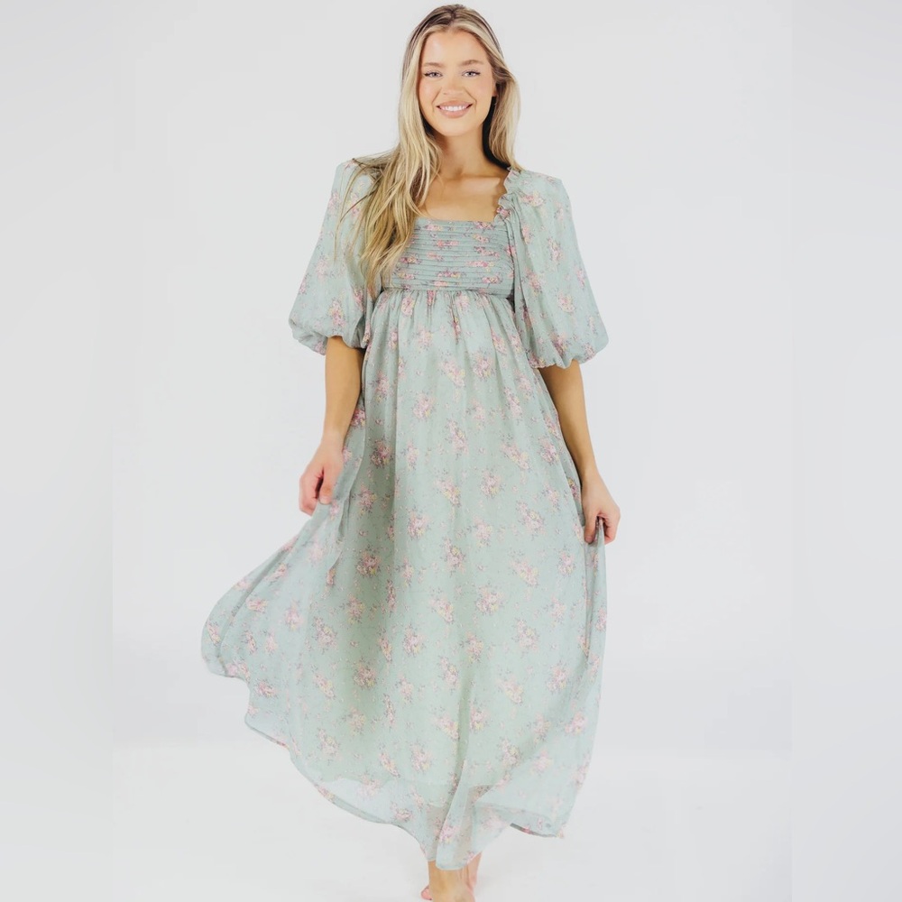 🔥NWT Worth Collective Melody Turquoise Floral Puff Sleeve Maxi Dress